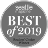 A circular emblem showing "seattle magazine BEST of 2019 Readers' Choice Winner" in white text on a gray background.