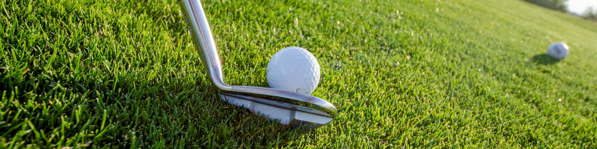 A golf club is positioned to hit a golf ball on a grassy field, with another ball and landscape visible in the background.