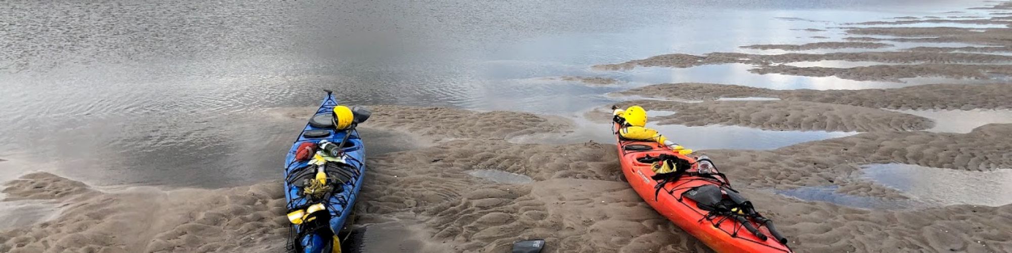 Two kayaks, one blue and one red, are resting on a muddy shore near a calm body of water under a cloudy sky.