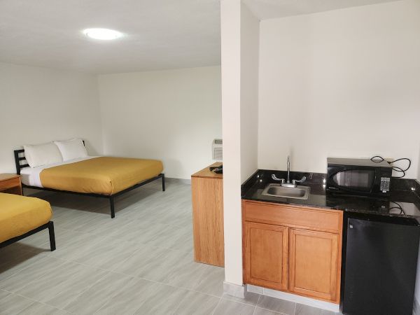 The image shows a room with two beds, a kitchenette with a sink, microwave, and mini-fridge on a counter with wooden cabinets.