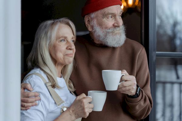 An elderly couple enjoys a warm drink while standing at a doorway, lovingly embracing each other as they look out thoughtfully.