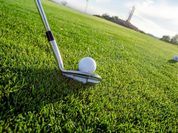 A close-up of a golf club next to a golf ball on a well-maintained green field, with another golf ball in the background.
